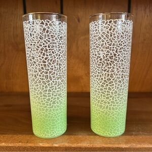 VTG MCM Pyrex Corning West Virginia Lime Green Crackle Ombre Tall Collins Set 2